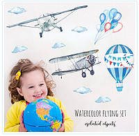Интерьерная декоративная наклейка на стену в детскую комнату "2 самолета и воздушный шар"