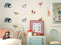 Интерьерная виниловая наклейка на стену в детскую комнату "Звери: Жираф, Зебра, Фламинго, Антилопа"