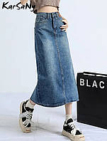 Длинная стильная джинсовая юбка, Юбка с разрезом, Размер М