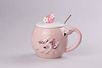 Чашка керамическая 500 мл Фламинго с крышкой и ложкой Nice day PRO