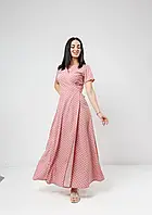Женское платье на лето розового цвета на запах длинное в пол с мелким горошком