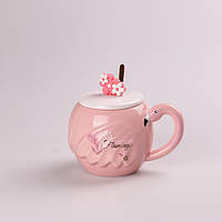 Чашка керамическая 500 мл Фламинго с крышкой и ложкой PRO
