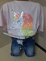 Святковий Літній костюм для дівчинки підлітка джинсові шорти футболка Єдиноріг 158 164