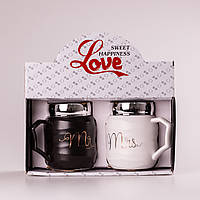 Набор керамических чашек Mr & Mrs 450мл с крышкой 2 штуки чашки для кофе SvitSmart