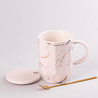 Чашка керамическая мрамор 420мл с крышкой и ложкой чашка с крышкой чашки для кофе Белый SvitSmart