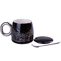 Чашка керамічна Golden Romance 400мл з кришкою і ложкою кухоль для чаю Чорний SvitSmart