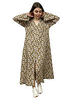 Стильна довга жіноча сукня вільного крою з розрізом бежева, з принтом та довгим рукавом, 100% бавовна