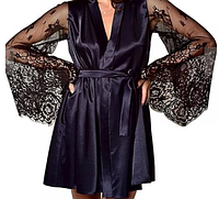 Женский атласный халат на запах с кружевными рукавами из плотного атласа