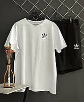 Чоловічий літній комплект Adidas шорти чорні футболка білий спортивний комплект Адідас на літо