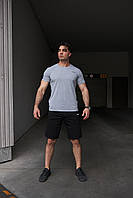 Спортивный комплект Reebok мужской летний: черные шорты и серая футболка