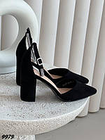 Женские туфли экозамша черные на высоком устойчивом каблуке с острым носиком 36