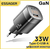 Мережевий зарядний пристрій Essager 33W GaN III USB + Type-C PD QC 3.0 з дисплеєм Black