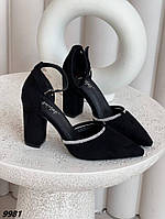 Женские туфли экозамша черные на высоком устойчивом каблуке со стразами с острым носиком 41