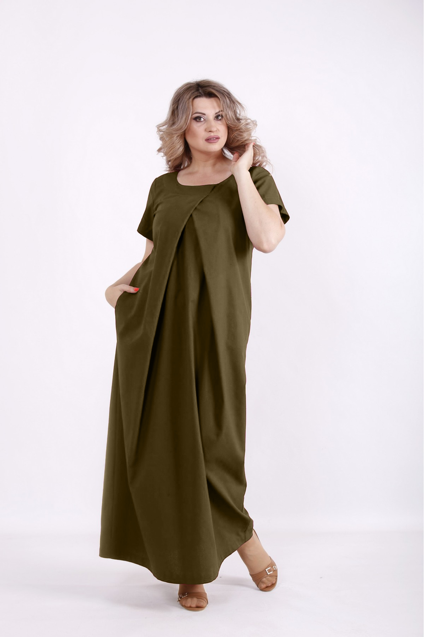 Красиве хакі лляне плаття літнє жіноче вільного крою великого розміру в підлогу 42-74. 01523-4