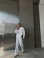 Женский трендовый костюм (прямые брюки+кофта на молнии) двухнитка белый
