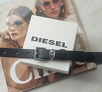 Женский узкий кожаный ремень Diesel black пряжка серебро хорошее качество