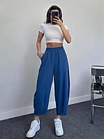 Синие женские легкие свободные брюки из жатки весна/лето с завышенной посадкой с карманами