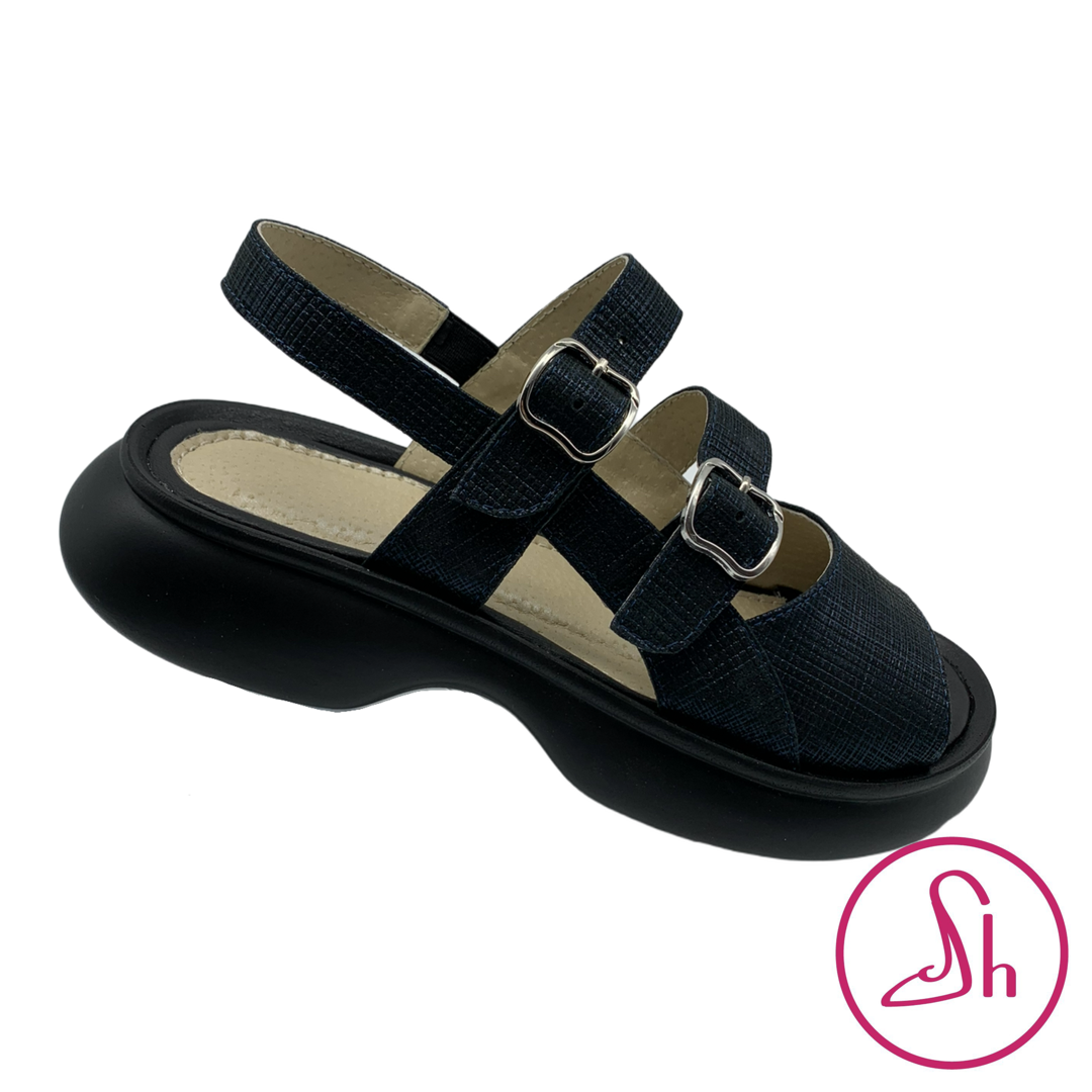 Босоніжки жіночі зі шкіри темно-синього кольору на платформі “Style Shoes”