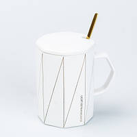 Чашка , керамическая чашка 400 мл с крышкой и ложкой белая ,Элегантный дизайн