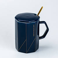 Чашка , керамическая чашка ,400мл Отличный подарок для любого любителя кофе или чая Синяя с крышкой и ложкой