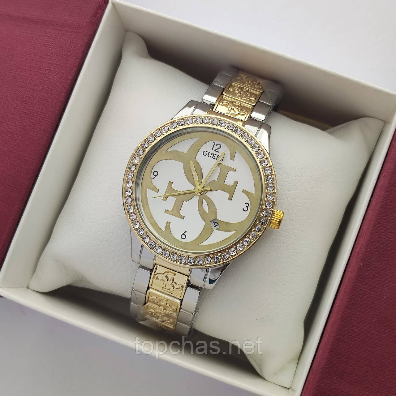 Жіночий наручний годинник Guess (Гес) комбінований, камінчики навколо циферблата - код 2371b