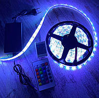 Багатобарвна світлодіодна стрічка LED RGB 5050 5м з пультом і блоком живлення гірлянда на клейкій основі as