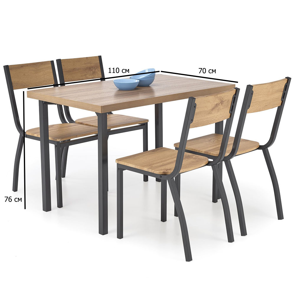Кухонний стіл та 4 стільці Milton 110х70 см натуральний на чорних металевих ніжках, фото 1