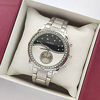 Женские наручные часы Guess (Гес) серебристые с черным, камушки на циферблате, рифленый браслет - код 2374b