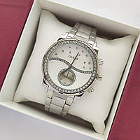 Жіночий наручний годинник Guess (Гес) сріблястий, камінчики на циферблаті, рифлений браслет - код 2375b