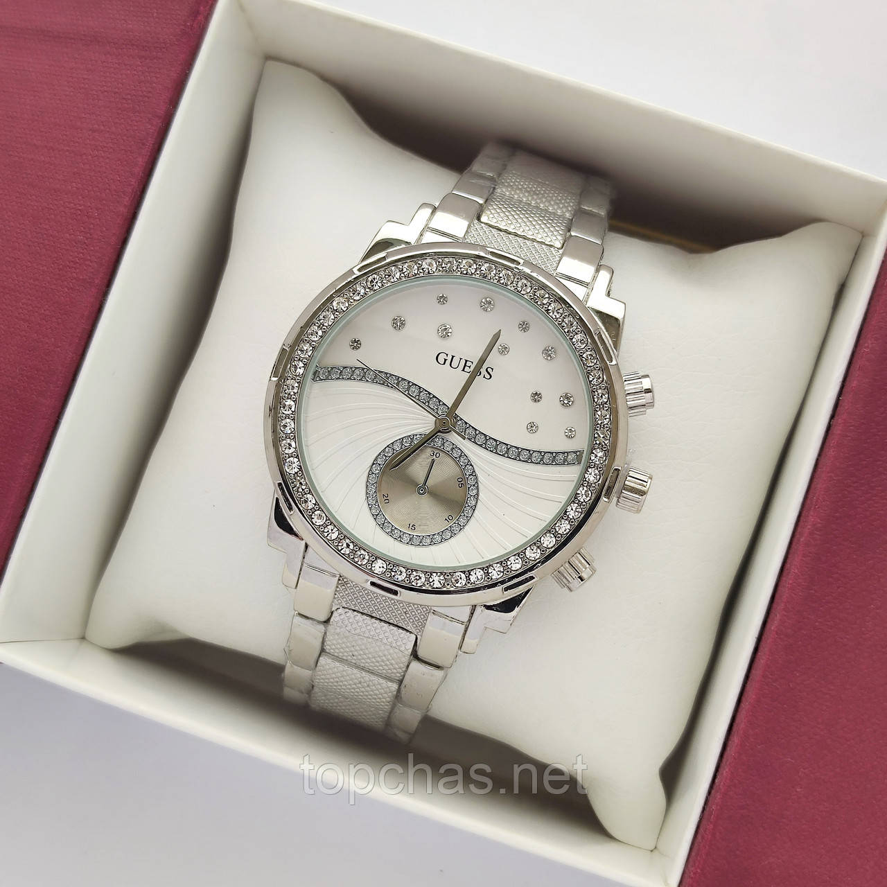 Жіночий наручний годинник Guess (Гес) сріблястий, камінчики на циферблаті, рифлений браслет - код 2375b