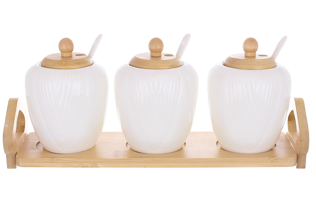 Набір порцелянових банок (3шт) на бамбуковій підставці з ложками та бамбуковими кришками Grace