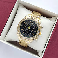 Женские наручные часы Guess (Гес) золотистые с черным, камушки вокруг, рифленный браслет - код 2376b