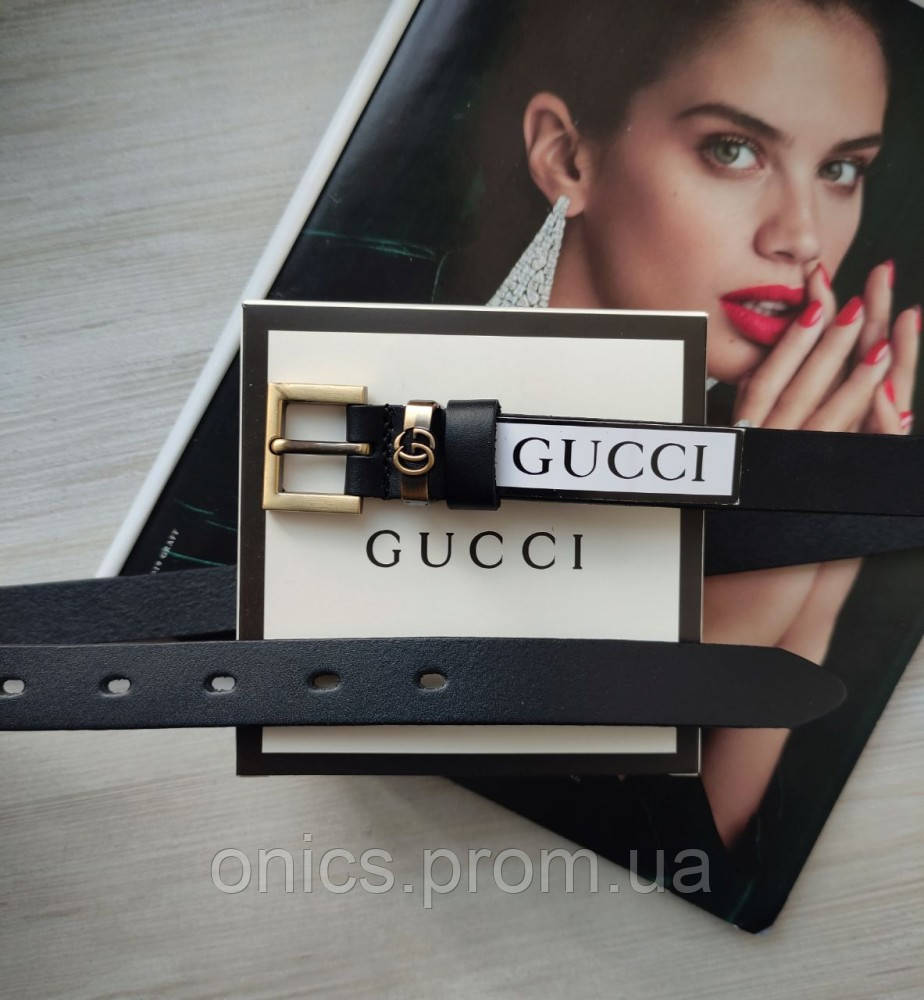 Женский узкий кожаный ремень Gucci black пряжка бронза хорошее качество - фото 1 - id-p2197567479