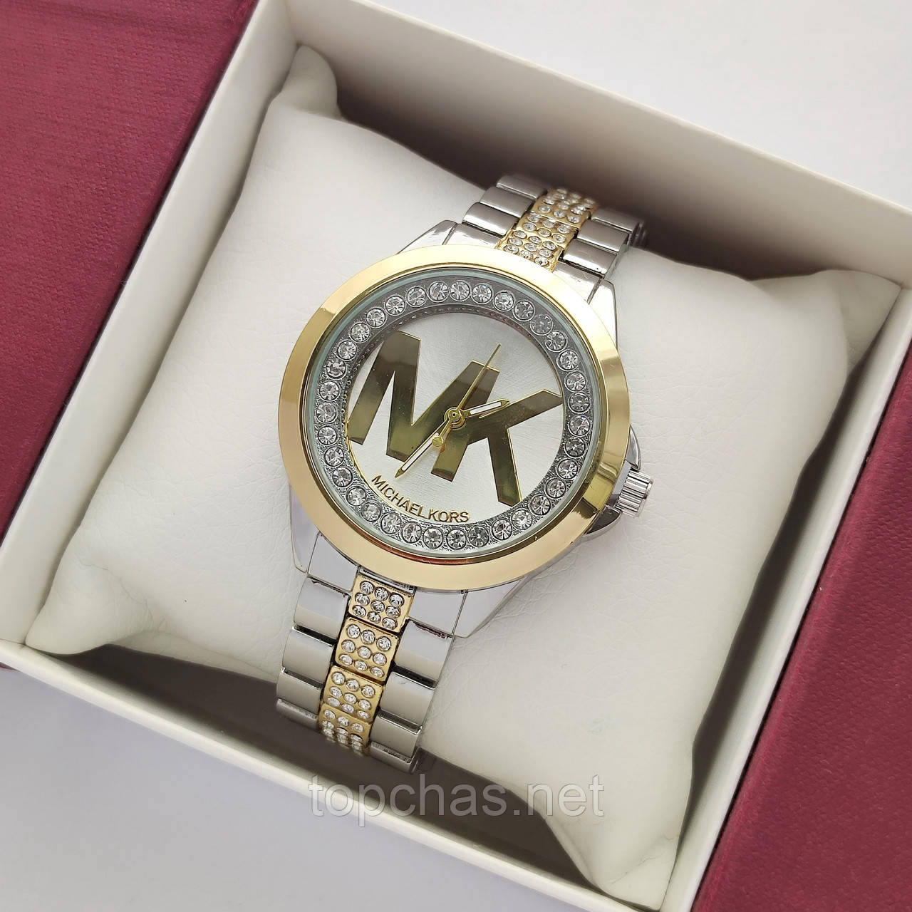 Жіночий наручний годинник Michael Kors (майкл корс) комбінований срібло-золото, камінчики - код 2378b