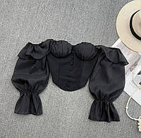 Черный женский нежный воздушный укороченный топ с чашками и пышными рукавами из креп-шифона
