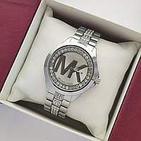 Женские наручные часы Michael Kors (майкл корс) серебристого цвета, с логотипом, камушки - код 2379b