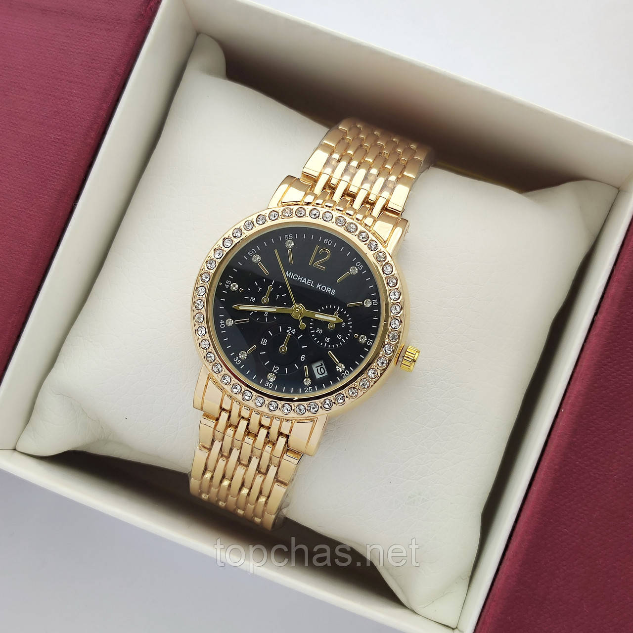 Невеликий жіночий наручний годинник Michael Kors (майкл корс) золотий з чорним циферблатом, камінчики - код 2381b