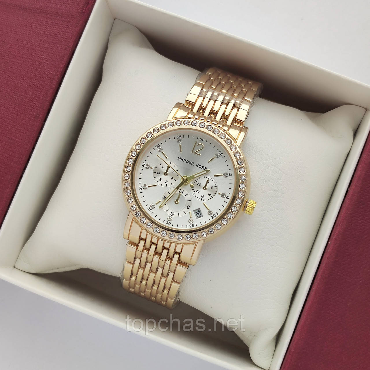Невеликий жіночий наручний годинник Michael Kors (майкл корс) золотий з срібним циферблатом, камінчики - код 2382b