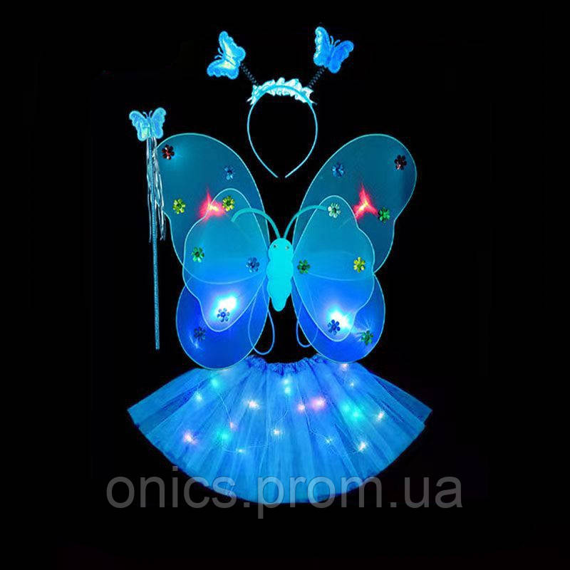 Карнавальный наряд крылья с юбкой светящийся Бабочка 9074 голубой хорошее качество - фото 1 - id-p2197630423