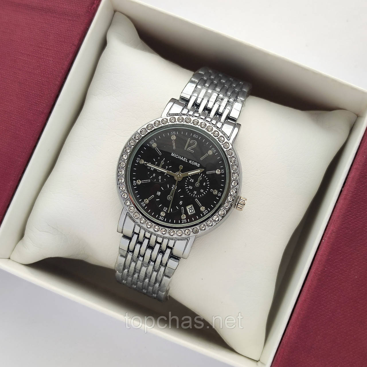 Невеликий жіночий наручний годинник Michael Kors (майкл корс) срібло з чорним циферблатом, камінчики - код 2383b, фото 1