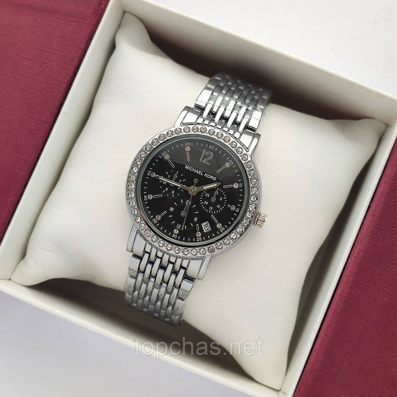 Невеликий жіночий наручний годинник Michael Kors (майкл корс) срібло з чорним циферблатом, камінчики - код 2383b