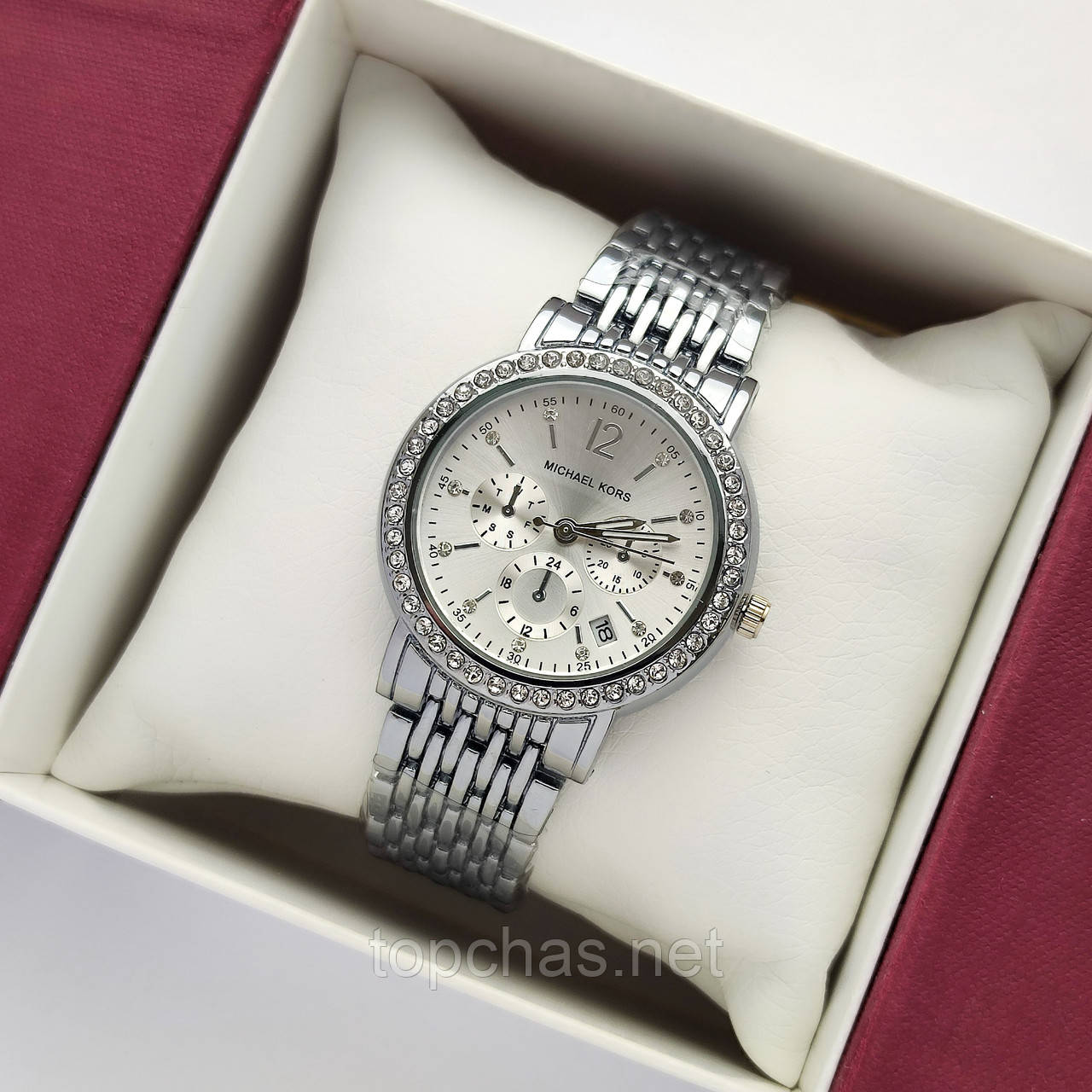 Невеликий жіночий наручний годинник Michael Kors (майкл корс) срібло з світлим циферблатом, камінчики - код 2384b