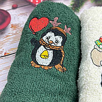Набор махровых кухонных полотенец Турция Новый год Санта с подарками Пингвин 13937 30х50 см 2 шт хорошее