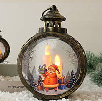 Фонарь новогодний декоративный круглый Дед Мороз 13999 состаренное золото хорошее качество