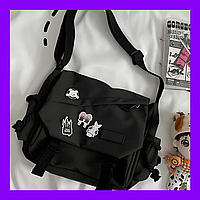 Жіноча нейлонова сумка через плече чорного кольору зі значками , сумка Хардзюко шкільна для універу Y2K