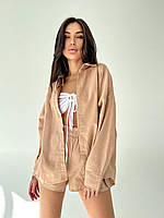 Женский стильный трендовый модный легкий летний костюм рубашка и шорты из льна