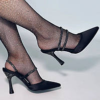 Женские туфли атлас черные на высокой шпильке с острым носиком
