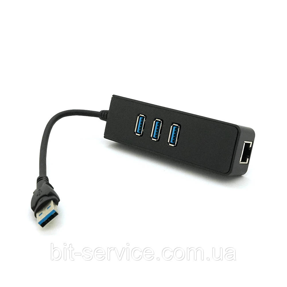 Хаб USB 3.0, 3 порти USB 3.0 + 1 порт Ethernet, Black, BOX