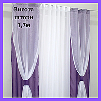 Комплект штор для кухни Шифоновые занавески на тесьме Тюль короткая из шифона Хорошие гардины для кухни Фиолетовый