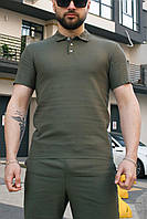 Мужская футболка-поло льняное 'Flax' Хаки / Летняя футболка с воротником / Повседневное поло / Спортивное поло
